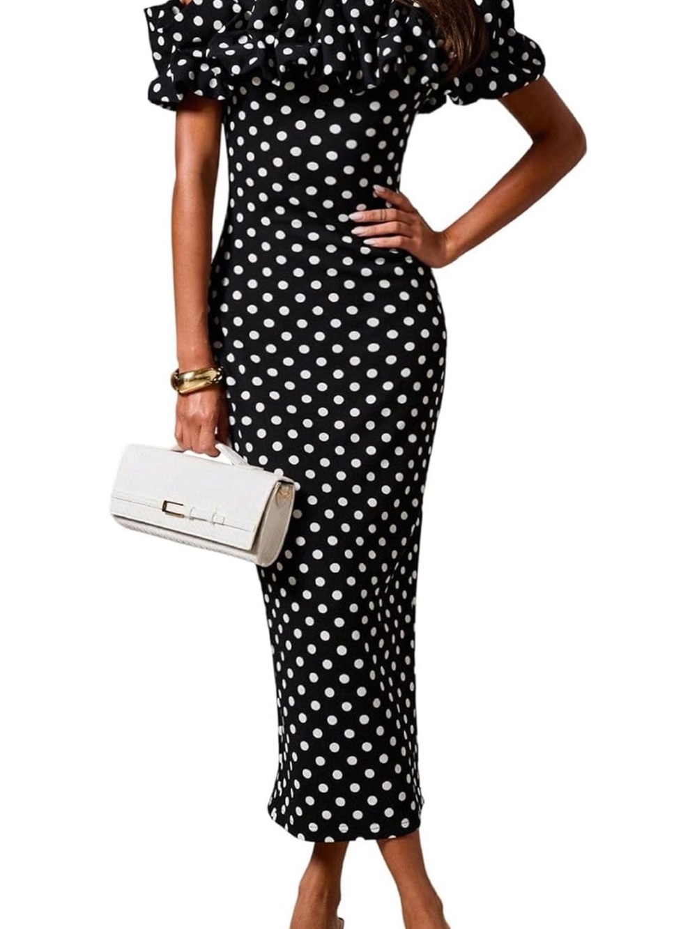 Polka Dot Off-Shoulder Black and White Maxi Dress
